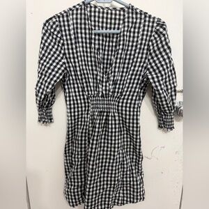 SHEIN Black and White Gingham V-Neck Smocked Waist Dress